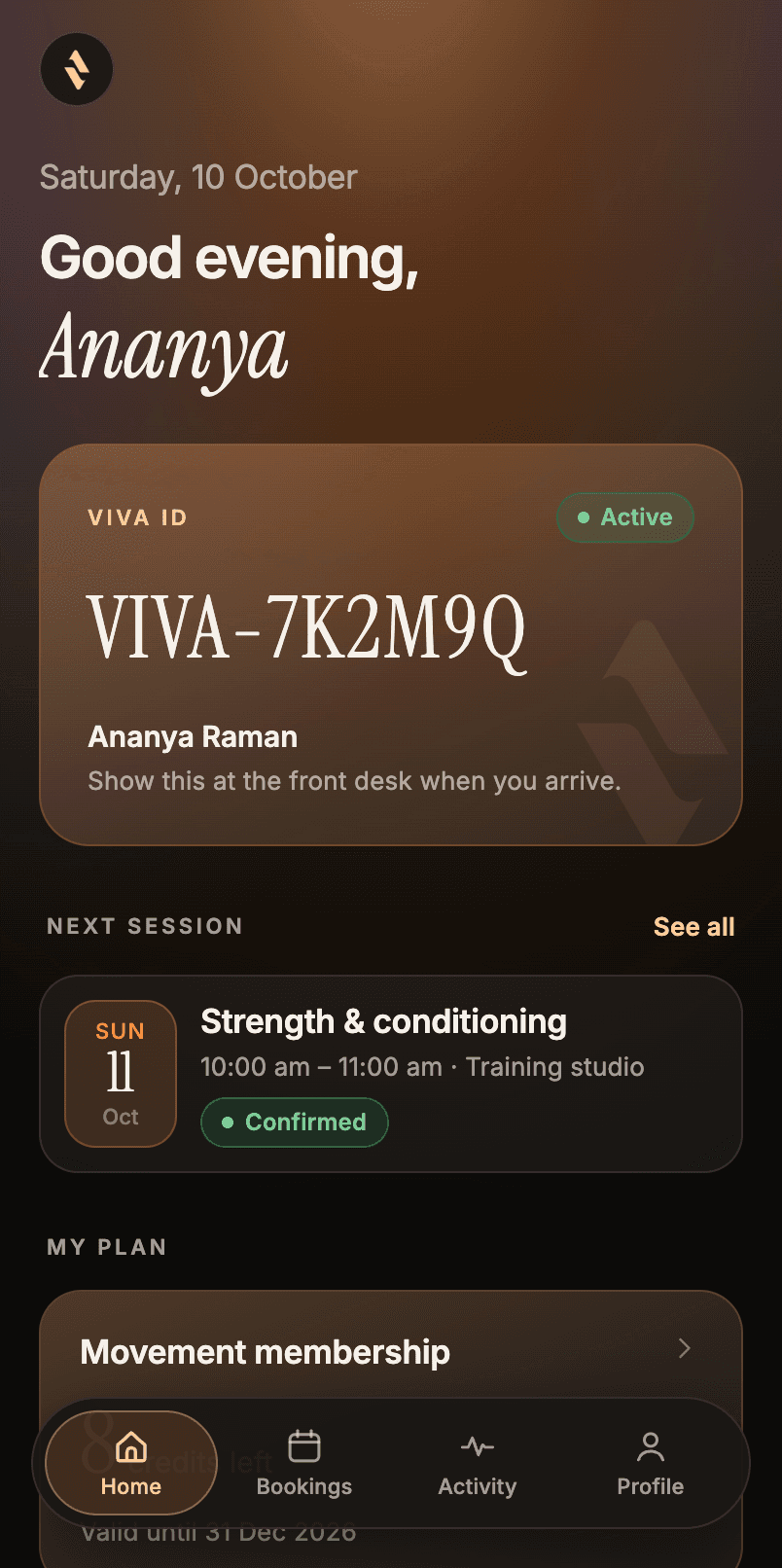 Hi VIVA app home screen with member ID, upcoming session and credit balance